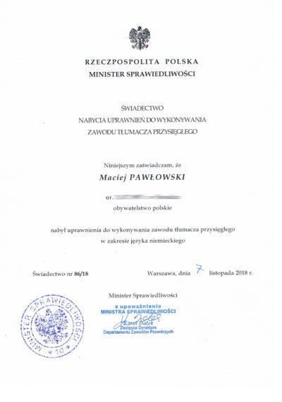 Tłumacz przysięgły języka niemieckiego - mgr Maciej Pawłowski - niemiecki Wieluń