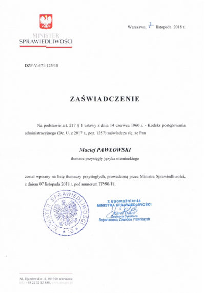 Tłumacz przysięgły języka niemieckiego - mgr Maciej Pawłowski - niemiecki Wieluń